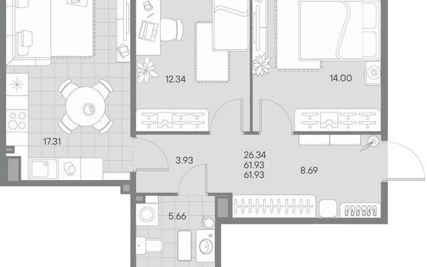 Квартира, 61.93 м²