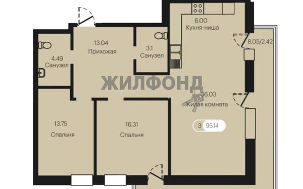 Квартира, 96.0 м²